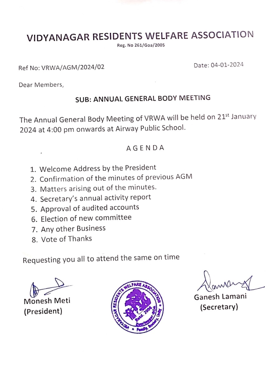 VRWA Secretary announces agenda for the 2024 AGM