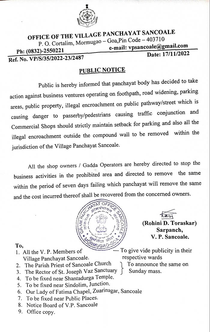 Sancoale Panchayat issues notice to clear all encroachments by vendors and shops.