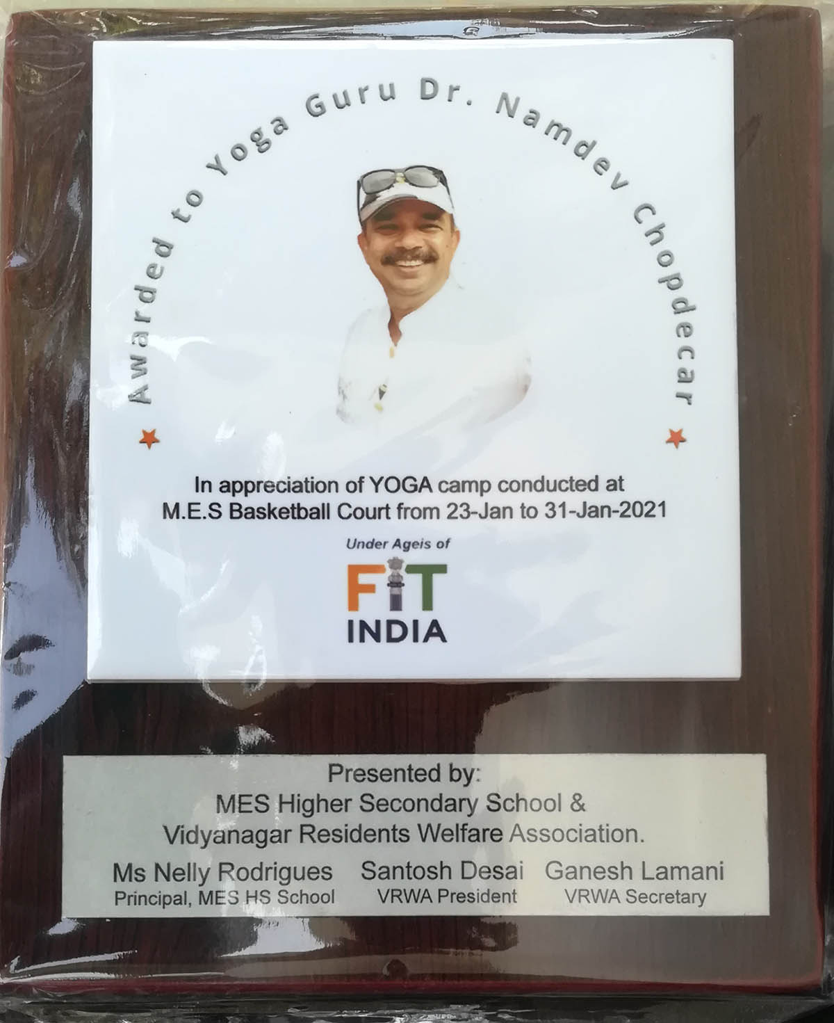 Memento (designed by Valmiki Nayak), that was presented to Yoga Guru Dr. Namdev Chopdekar. 